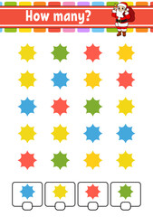 Counting game for children. Happy characters. Learning mathematics. How many object in the picture. Education worksheet. With space for answers. Isolated vector illustration in cute cartoon style.