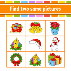 Find two same pictures. Task for kids. Education developing worksheet. Activity page. Color game for children. Funny character. Isolated vector illustration. cartoon style. Christmas theme.