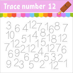 Trace number . Handwriting practice. Learning numbers for kids. Education developing worksheet. Activity page. Game for toddlers and preschoolers. Isolated vector illustration in cute cartoon style.