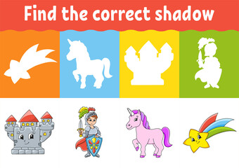 Find the correct shadow. Education worksheet. Matching game for kids. Fairytale theme. Color activity page. Puzzle for children. Cartoon character. Isolated vector illustration.