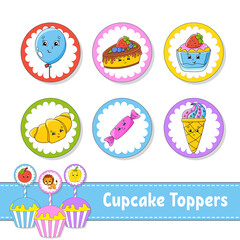 Cupcake Toppers. Set of six round pictures. Cartoon characters. Cute image. For birthday, party, baby shower.