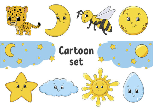 Set of stickers with cute cartoon characters. Hand drawn. Colorful pack. Vector illustration. Patch badges collection for kids. For daily planner, organizer, diary.