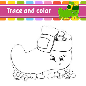 Trace and color. Coloring page for kids. Handwriting practice. St. Patrick's day. Education developing worksheet. Activity page. Game for toddlers. Isolated vector illustration. Cartoon style.