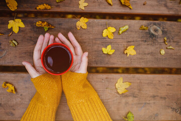 cup of hot tea in female hands holding it on wooden table autumn background with leaves. Warm drink concept.