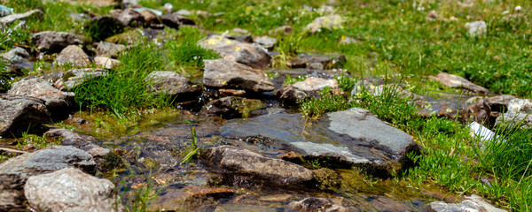 A small stream formed by melting snow in summer on the mountain.