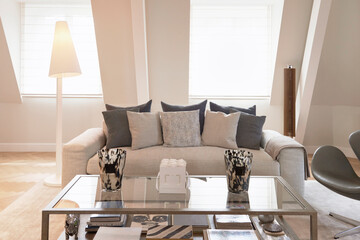 Cosy grey couch in a luminous living room