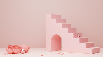 Arch and stairs in trendy minimal pink background. product presentation