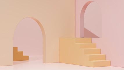 Pastel yellow and pink arch window wall with stairs.