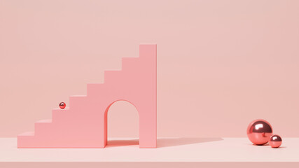 A minimal pink stairs with arch door on pastel pink background