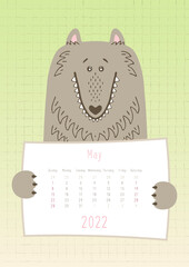 2022 may calendar, cute wolf dog animal holding a monthly calendar sheet, hand drawn childish style