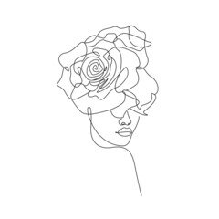 Woman Face with Flowers Line Art Drawing. Floral Female Head One Line Drawing for Wall Art, Fashion Prints, Posters. Art Sketch Print, Black And White Single Line Art, Feminine Poster. Vector EPS 10