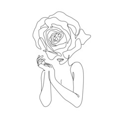 Female Face with Flowers Line Art Drawing. Woman Head with Flowers One Line Minimalist Illustration. Woman Minimal Sketch Drawing. Abstract Single Line Vector Art.
