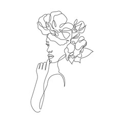 Female Face with Flowers Line Art Drawing. Woman Head with Flowers One Line Minimalist Illustration. Woman Minimal Sketch Drawing. Abstract Single Line Vector Art.