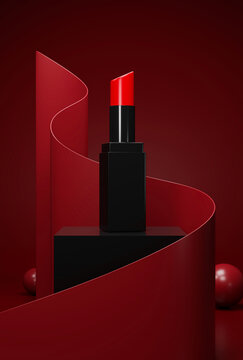 Luxury female lipstick packaging on a pedestal.