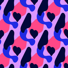 Seamless background with abstract shapes and hearts. Collage style. Wallpaper, fabric, packaging.