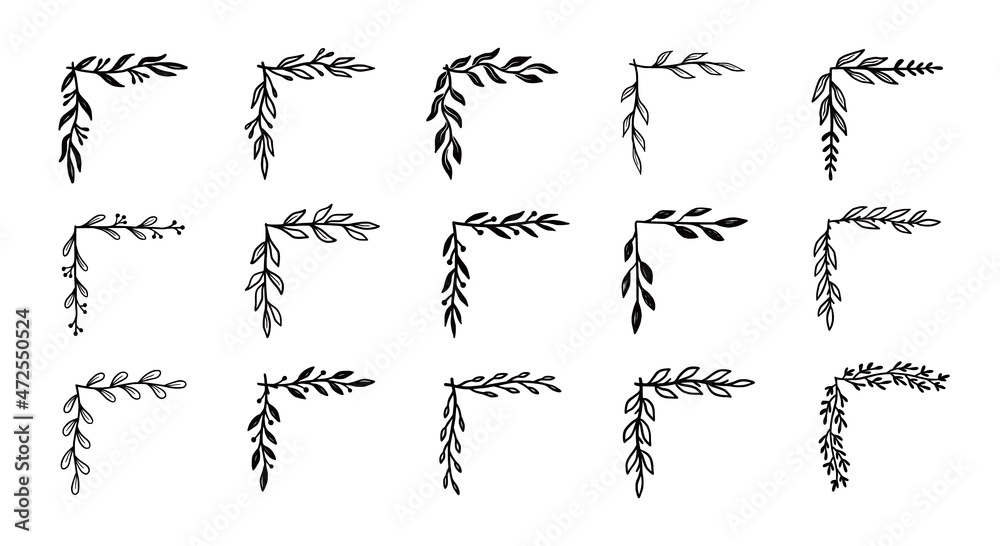 Aufkleber corner flourish border set. hand drawn doodle style corner with rustic floral element. vector illust