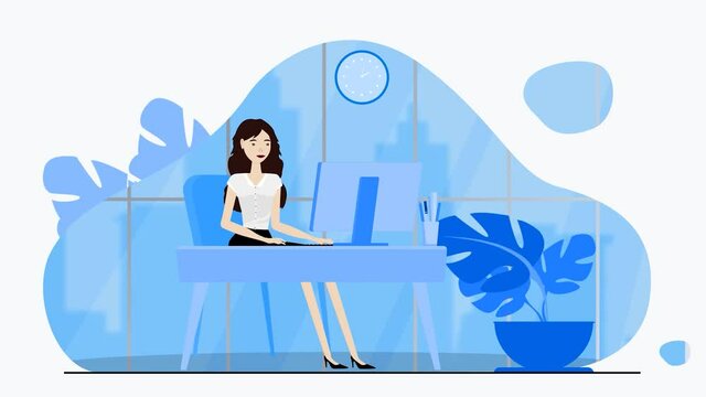 2D Women sitting in chair with desktop on desk typing background 4k footage, Women in office 2D footage