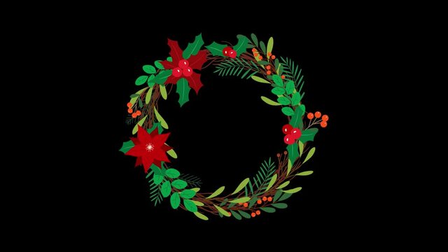 Christmas wreath on black background 4k footage, 2D Wreath background