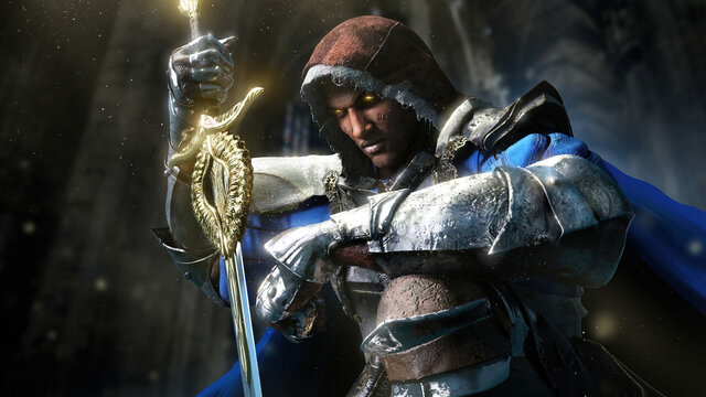 Embittered black knight paladin against his will kneels before the one he hates, he is wearing rusting shiny plate armor and a blue cloak with a hood, he leans on a sacred golden sword. 3d rendering