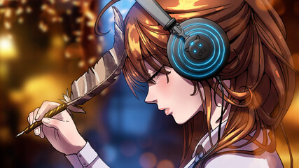 Fototapety  A cute and very tired girl drawn in anime style, she is a poet, thoughtfully rubs her forehead with a pen while listening to music with headphones with a glowing cat, in a room with garlands. 2d art