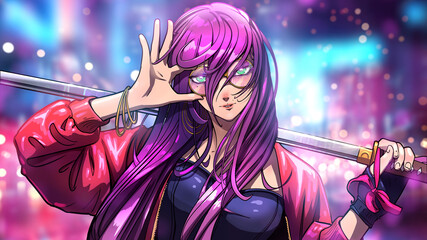 Mature elegant woman with purple hair drawn in anime style, she is a fighter with a katana in her hand playfully adjusts round glasses, she is wearing a red leather jacket and a black corset. 2d art - obrazy, fototapety, plakaty