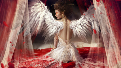 Fototapety  Sexy angel girl in a tent bed with red curtains, wearing white clothes with ruffles and silk underwear, gold jewelry and white wings, she is sitting with her back showing an ideal smooth body. 2d art