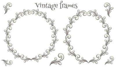 Elegant vintage style silver frames, curves, invitation decoration element, weding design elements