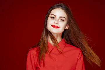 beautiful woman hairstyle makeup red shirt model