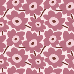 Seamless simple cute pattern of large pink flowers on light rose background.Endless floral ornament with beautiful blossoms.Colourful backdrop for fabric,textile,linen,covers,wrapping,decoupage.Raster