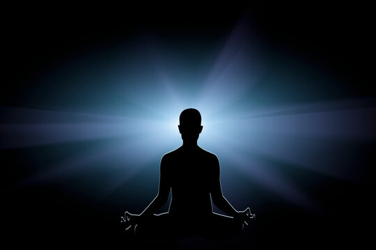 Yoga in the lotus position. Fantastic abstract colored optical shapes as a background.