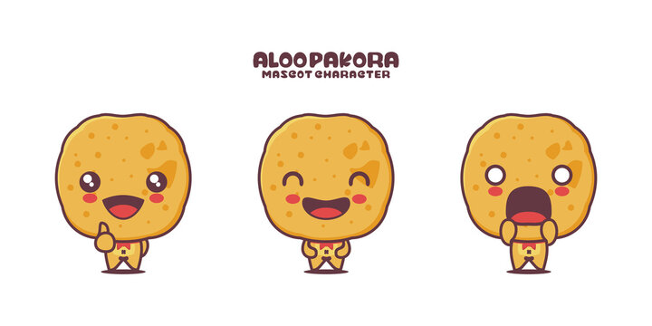 cute cartoon mascot Aloo Pakora. traditional indian food illustration, with different expressions