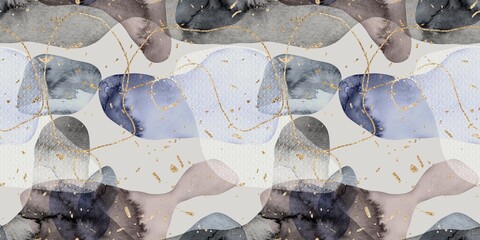 Seamless watercolor abstract organic blob shape overlay w gold lines and flecks border pattern. High quality illustration. Wet paint wash with metallic glitter strips. Repeat surface design for print