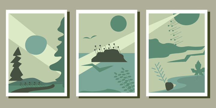 Set wall art of landscape in green pastel color. good to print for room decoration .vector illustration of, mountain, sun, sea, lake and leaves.