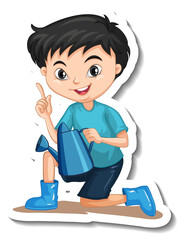A boy wears boots and holding watering can