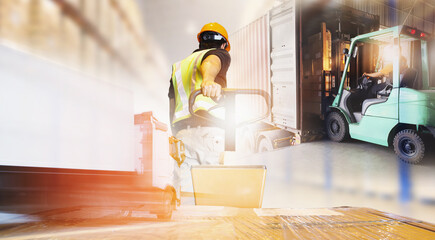 Double Exposure Photos of Worker Unloading Package Boxes, Forklift Loading into Shipping Cargo...