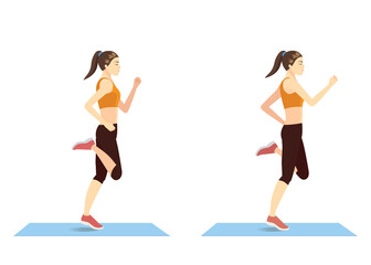 Obraz na płótnie Canvas Sport women doing Butt Kicks Exercise in 2 steps. Cartoon Illustration about workout diagram.