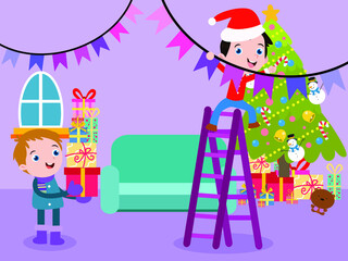 Christmas vector concept. Two happy kids preparing Christmas party while decorating living room at home