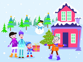 Christmas vector concept. Happy young family giving gifts to grandfather while standing in the front of house