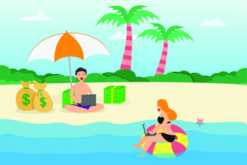 Obraz na płótnie Canvas Content creator vector concept. Young couple using a laptop while enjoying holiday on the beach
