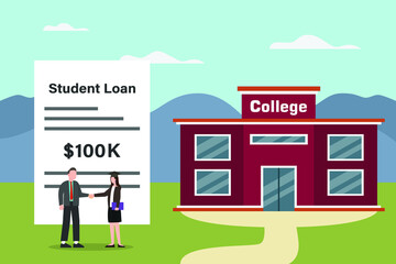 Obraz na płótnie Canvas Student loan vector concept. Businessman handshaking with female college student while standing with student loan bill