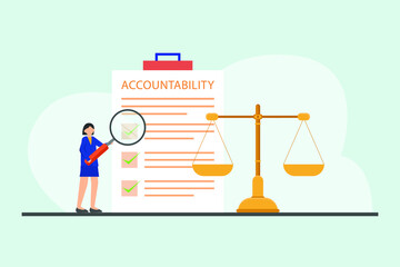 Accountability vector concept. Young businesswoman using a magnifying glass to checking accountability data on the clipboard