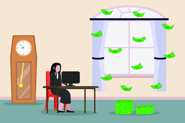 Success concept vector. Businesswoman working with a computer while sitting under falling money