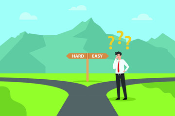 Business choice vector concept. Businessman looks confused while standing between hard or easy directions on the road