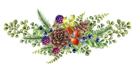 Watercolor illustration with fern, briar and blackberry berries, with cones, isolated on white background. Hand-drawn watercolor clipart. - 472555757