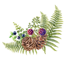 Watercolor illustration with paper-tree, blueberry, blackberry, pine cones, isolated on white background. Hand-drawn watercolor clipart.