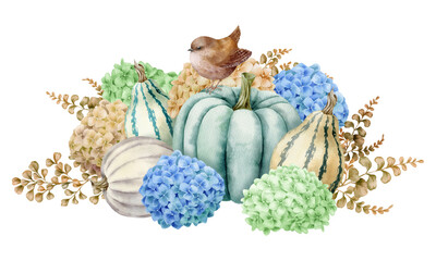 Watercolor illustration with pumpkins, hydrangeas, wren, isolated on white background. Hand-drawn watercolor clipart. - 472555767