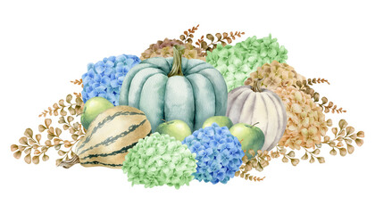 Watercolor illustration with pumpkins, hydrangeas, isolated on white background. Hand-drawn watercolor clipart. - 472555770
