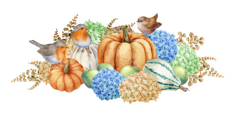 Watercolor illustration with pumpkins, hydrangeas, wren, robin birds, isolated on white background. Hand-drawn watercolor clipart. - 472555773