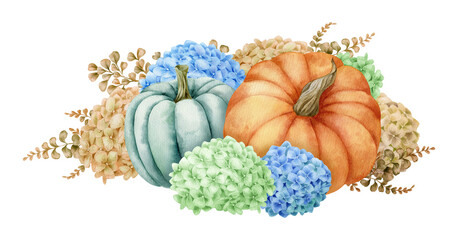 Watercolor illustration with pumpkins, hydrangeas, harvest, isolated on white background. Hand-drawn watercolor clipart. - 472555774