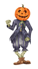 Watercolor illustration with Jack Pumpkin King, isolated on white background. Hand-drawn watercolor clipart. - 472555778